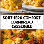 Golden cornbread chicken casserole baked Southern style with tender chicken and dressing layers.